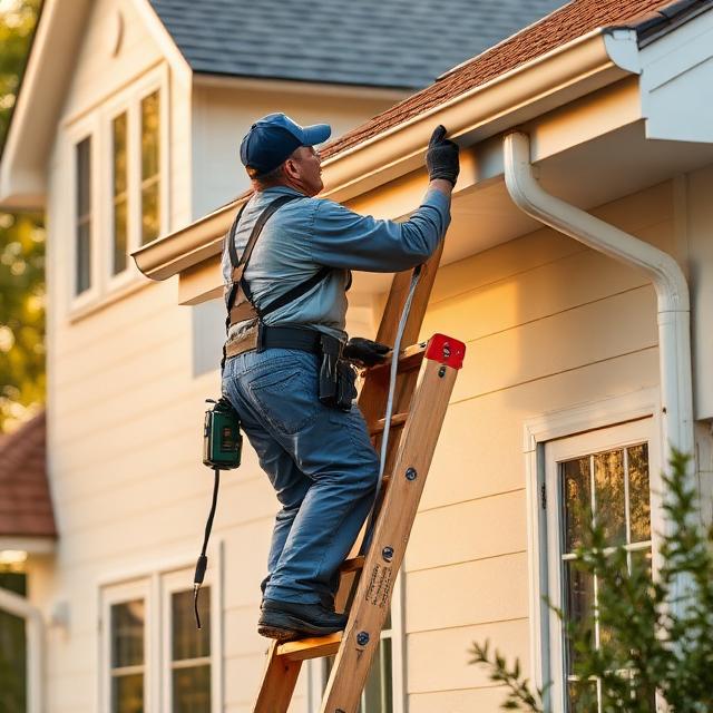 Technician cleaning gutters safely from a ladder